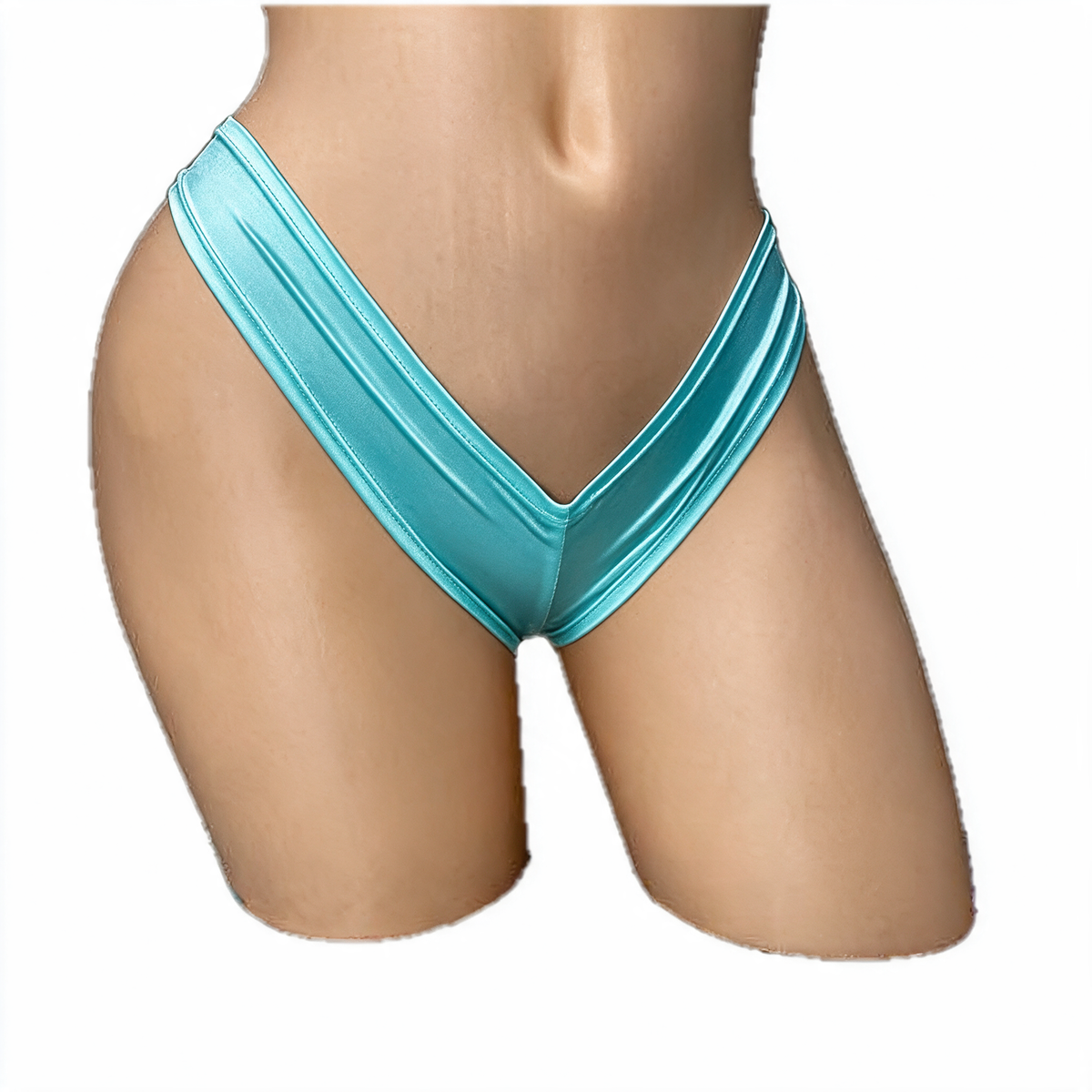 Aquamarine baby blue scrunch back super micro shorts on mannequin, front view, Golddiggers Boutique