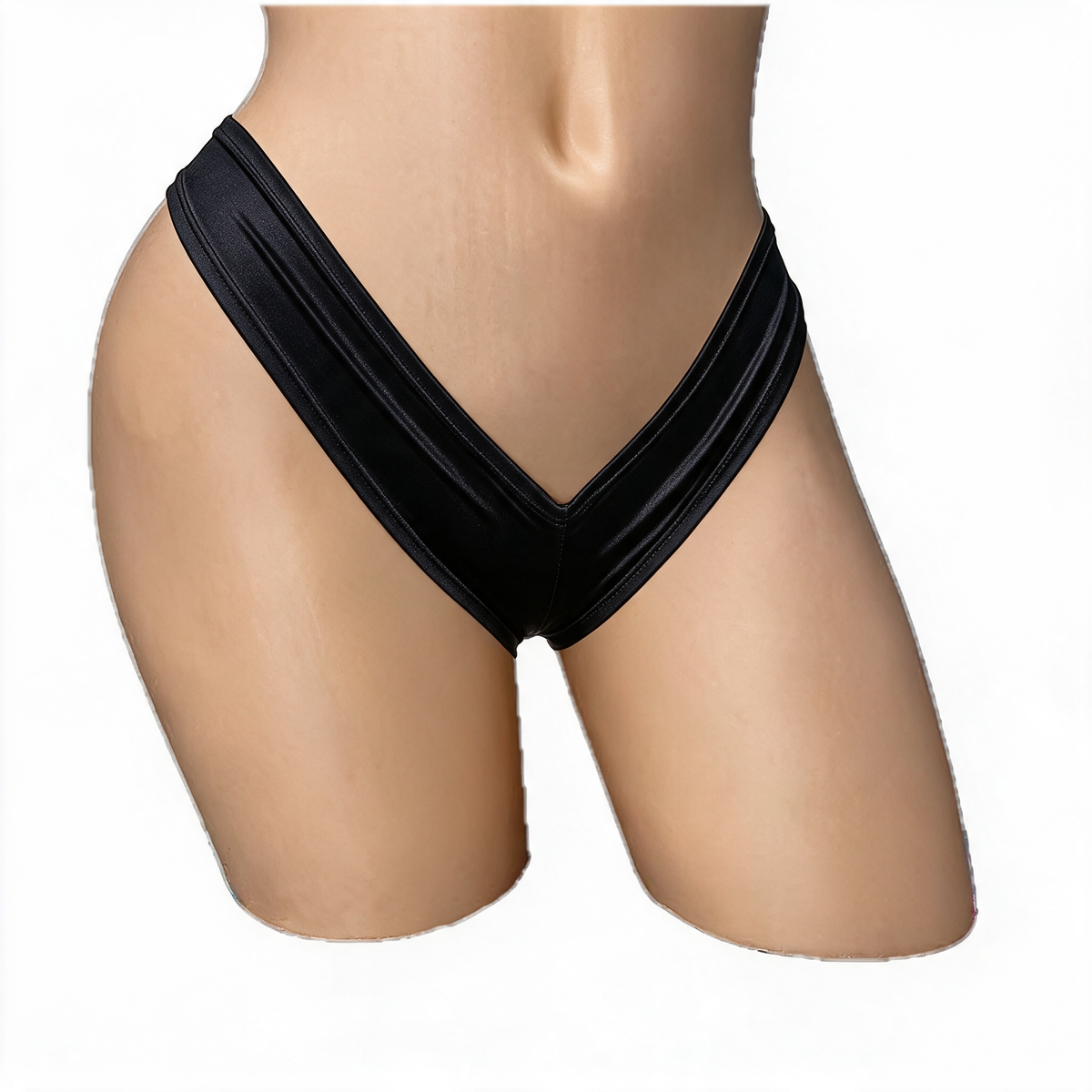 Onyx black scrunch back super micro shorts on mannequin, front view, Golddiggers Boutique