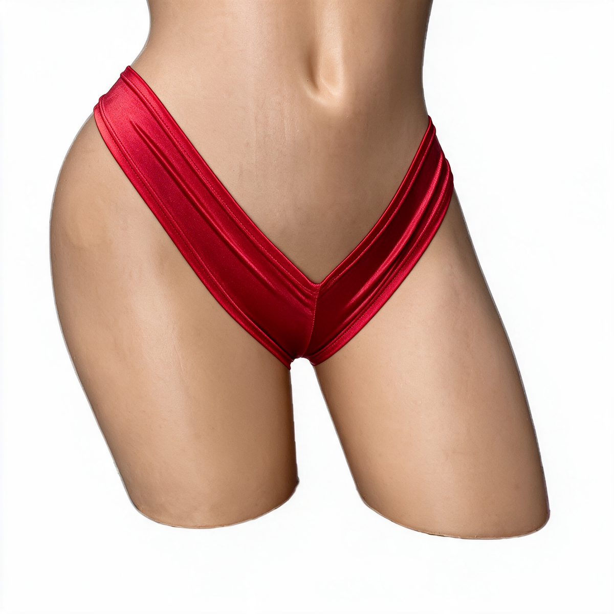 Ruby red scrunch back super micro shorts on mannequin, front view, Golddiggers Boutique