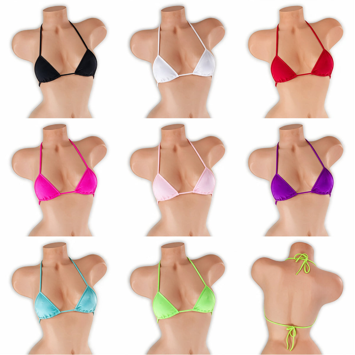 Mini tri top on mannequin in all 8 colors, Golddiggers Boutique