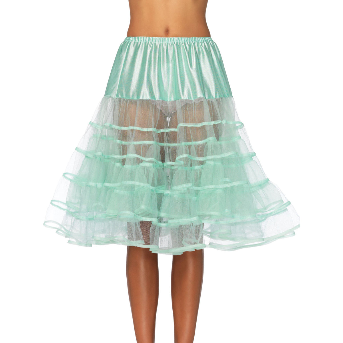 Close-up front view of mint knee length ruffle petticoat - Golddiggers Boutique