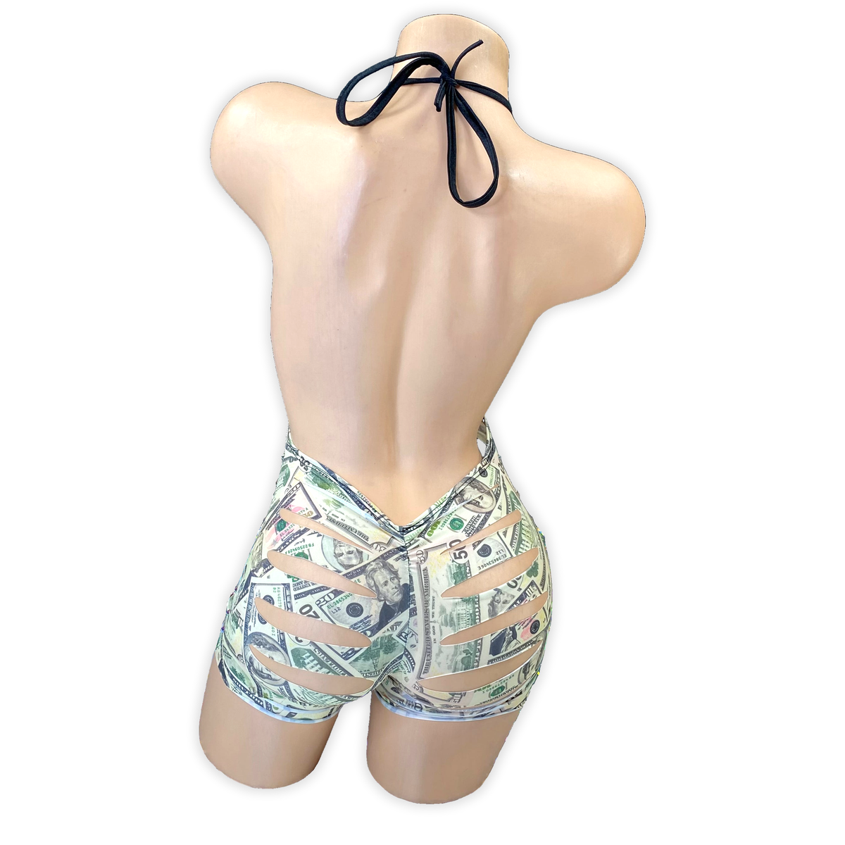 Money Print Ava rhinestone ladder cutout romper, back view with scrunch seat and slashed shorts