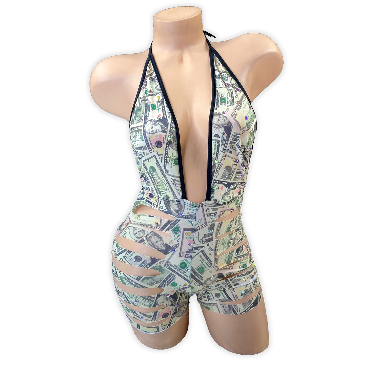 Money Print Ava rhinestone ladder cutout romper, angled front view