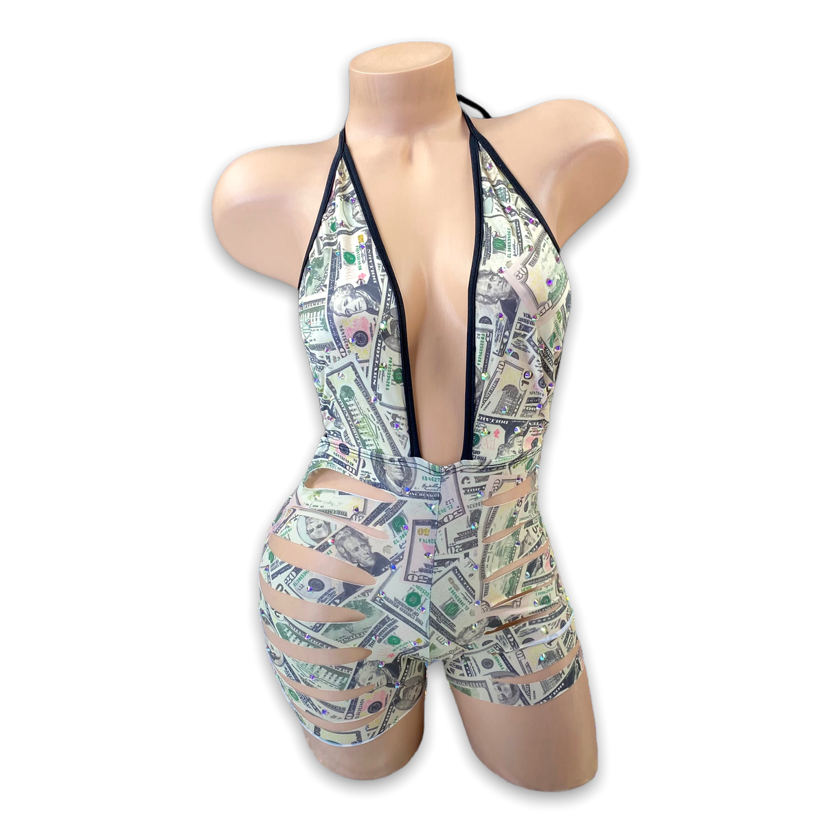 Money Print Ava rhinestone ladder cutout romper, front view on mannequin