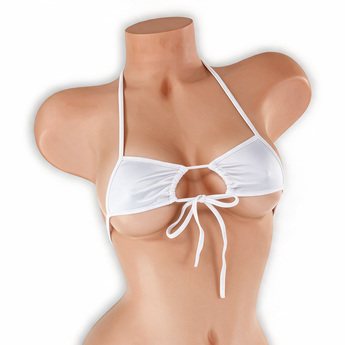 Moonstone white adjustable center tie top with center tie on mannequin, front view, Golddiggers Boutique