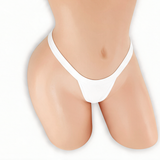 Moonstone white comfort strap t-back thong on mannequin, front view, Golddiggers Boutique