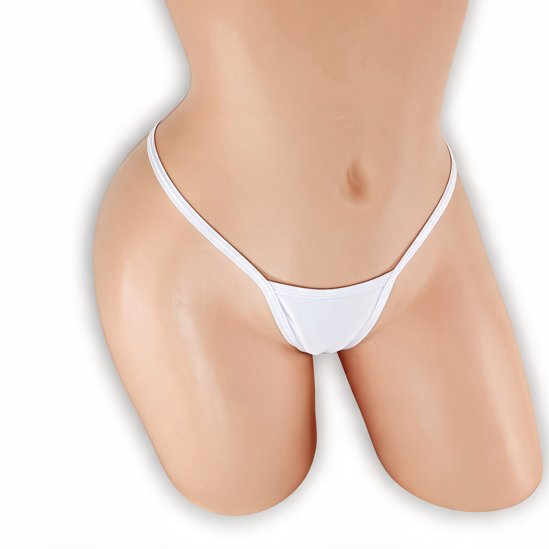 Moonstone white covered strap t-back thong on mannequin, front view, Golddiggers Boutique