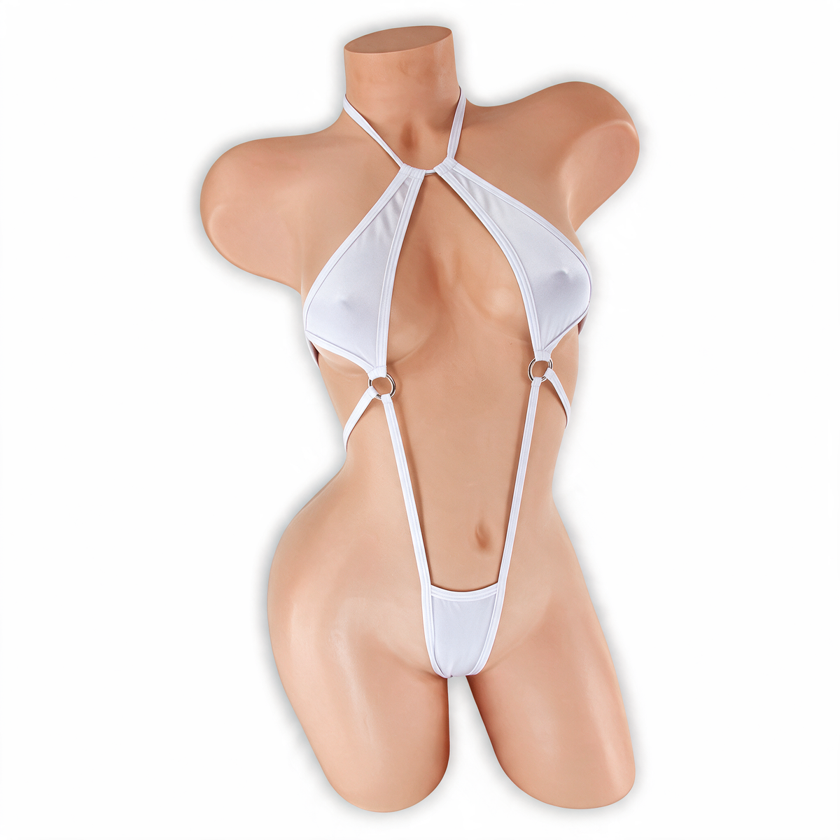 Moonstone white Desiree double O-ring halter bodysuit, front, Golddiggers Boutique