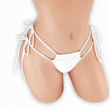 Moonstone white double strap tie side t-back thong on mannequin, front view, Golddiggers Boutique