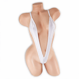 Moonstone (White) Elektra V Slingshot Bodysuit front view on mannequin, deep V straps over the chest