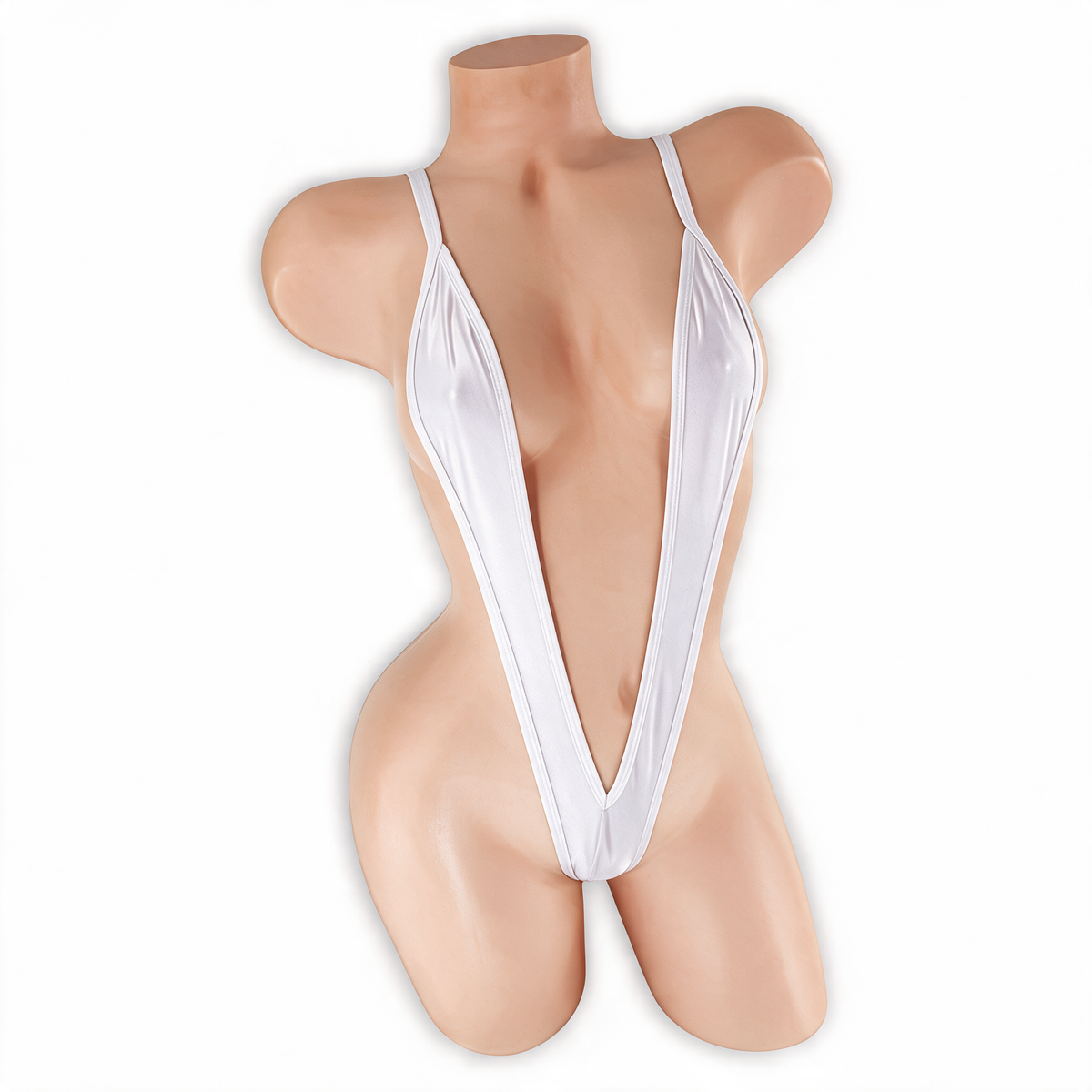 Moonstone (White) Elektra V Slingshot Bodysuit front view on mannequin, deep V straps over the chest