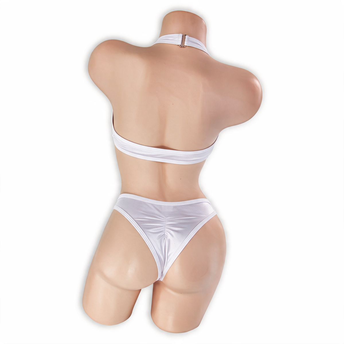 Moonstone white Esmeralda asymmetrical O-ring halter bodysuit, back, Golddiggers Boutique