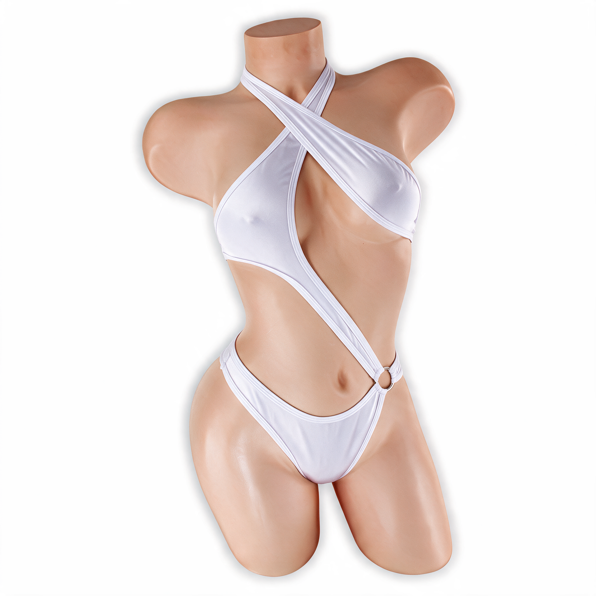 Moonstone white Esmeralda asymmetrical O-ring halter bodysuit, front, Golddiggers Boutique