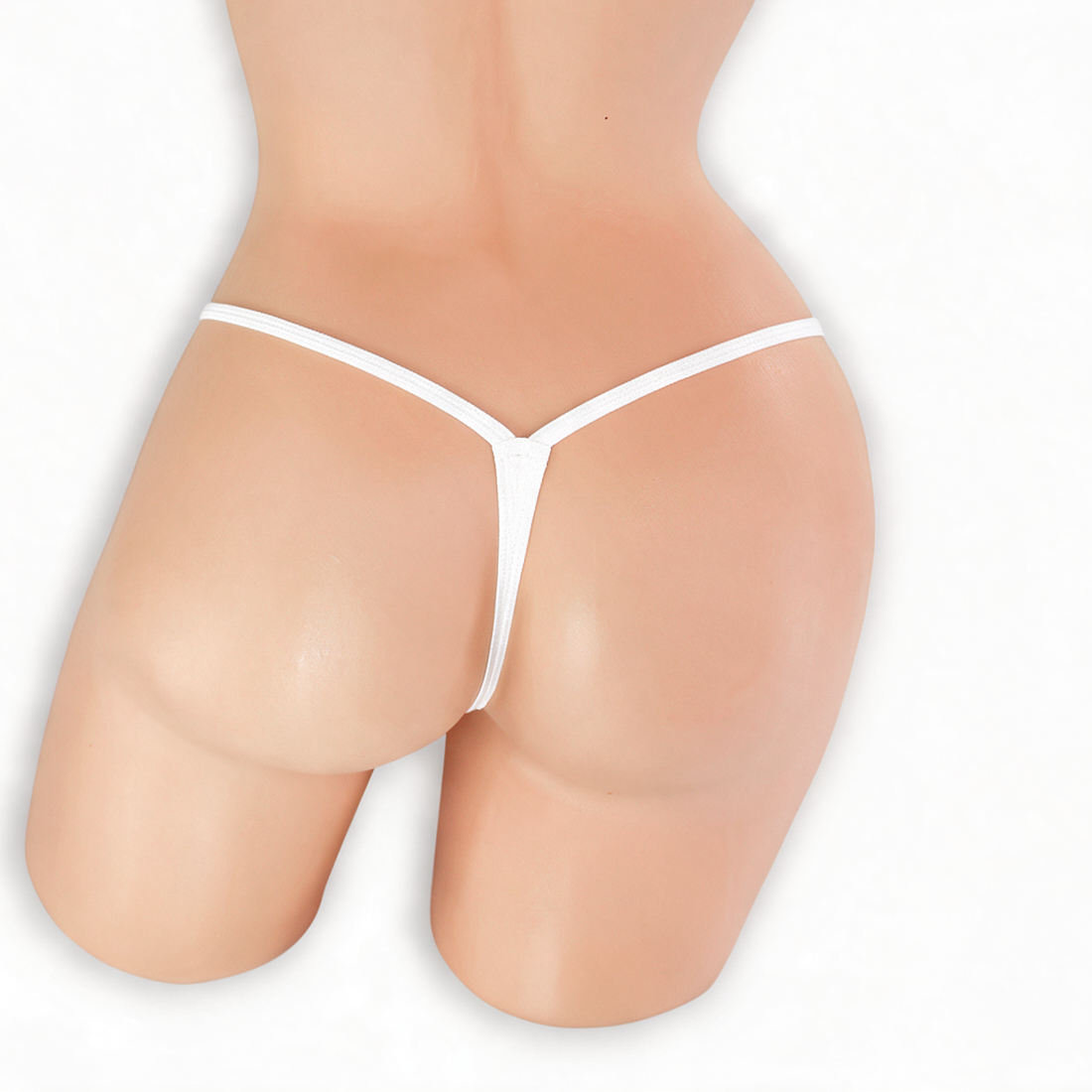 Moonstone white fairy dust v-front g-string on mannequin, back view, Golddiggers Boutique