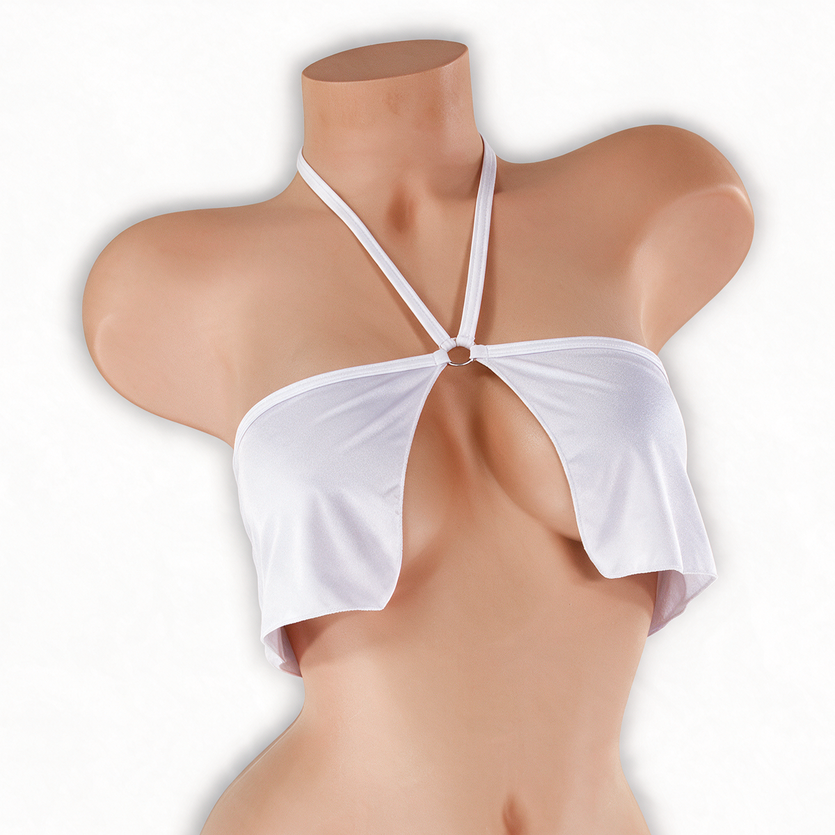 Moonstone white flowy o-ring top on mannequin, front view, Golddiggers Boutique