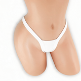Moonstone white heart v-back thong on mannequin, front view, Golddiggers Boutique