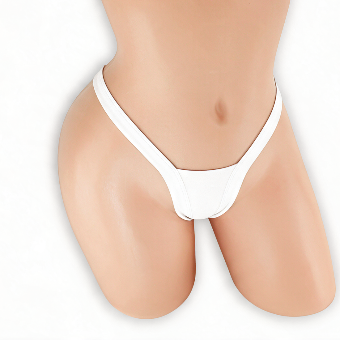 Moonstone white heart v-back thong on mannequin, front view, Golddiggers Boutique
