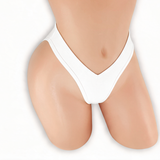 Moonstone white high waisted scrunch v-back thong on mannequin, front view, Golddiggers Boutique