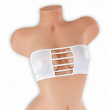 Moonstone white ladder cutout bandeau top on mannequin, front view, Golddiggers Boutique