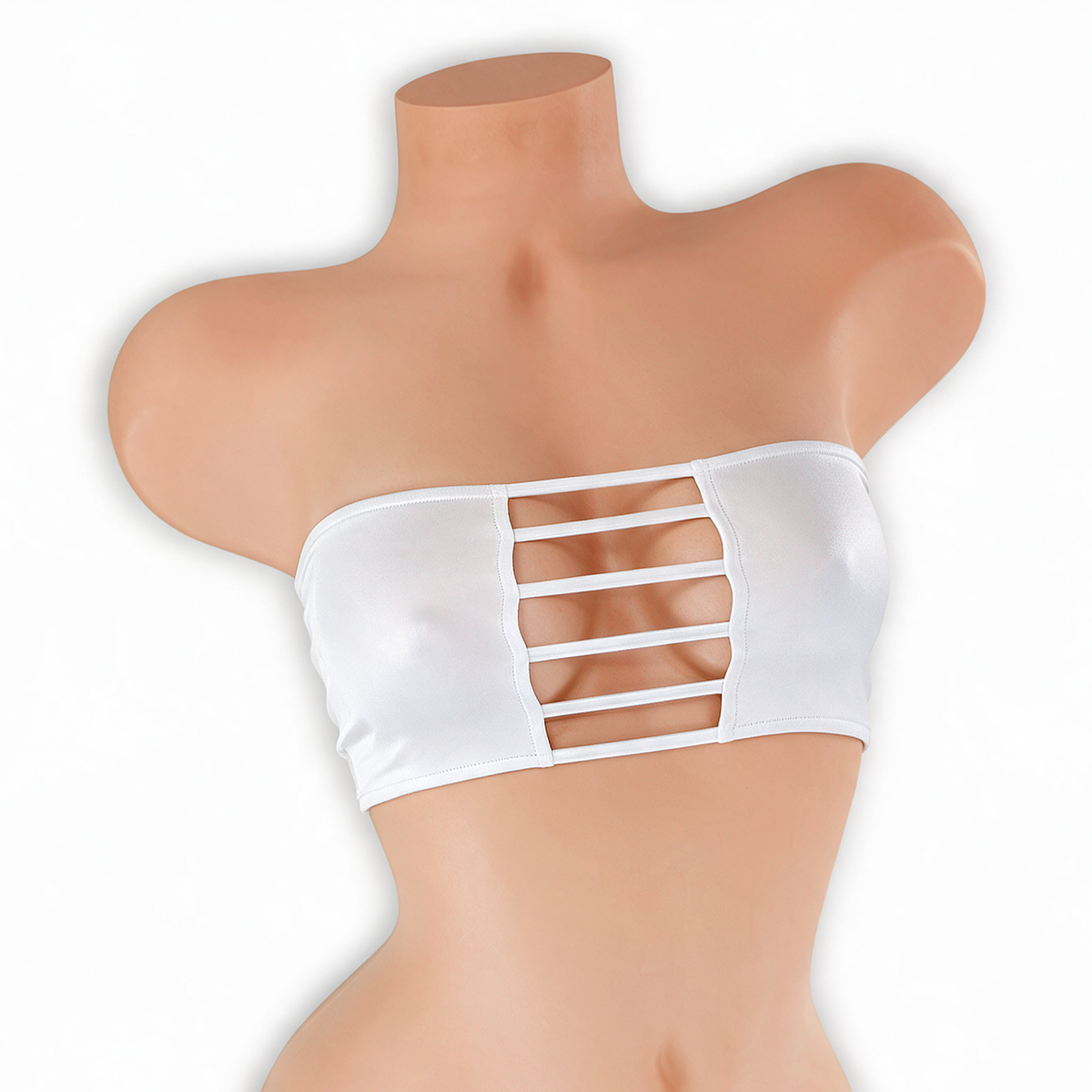 Moonstone white ladder cutout bandeau top on mannequin, front view, Golddiggers Boutique