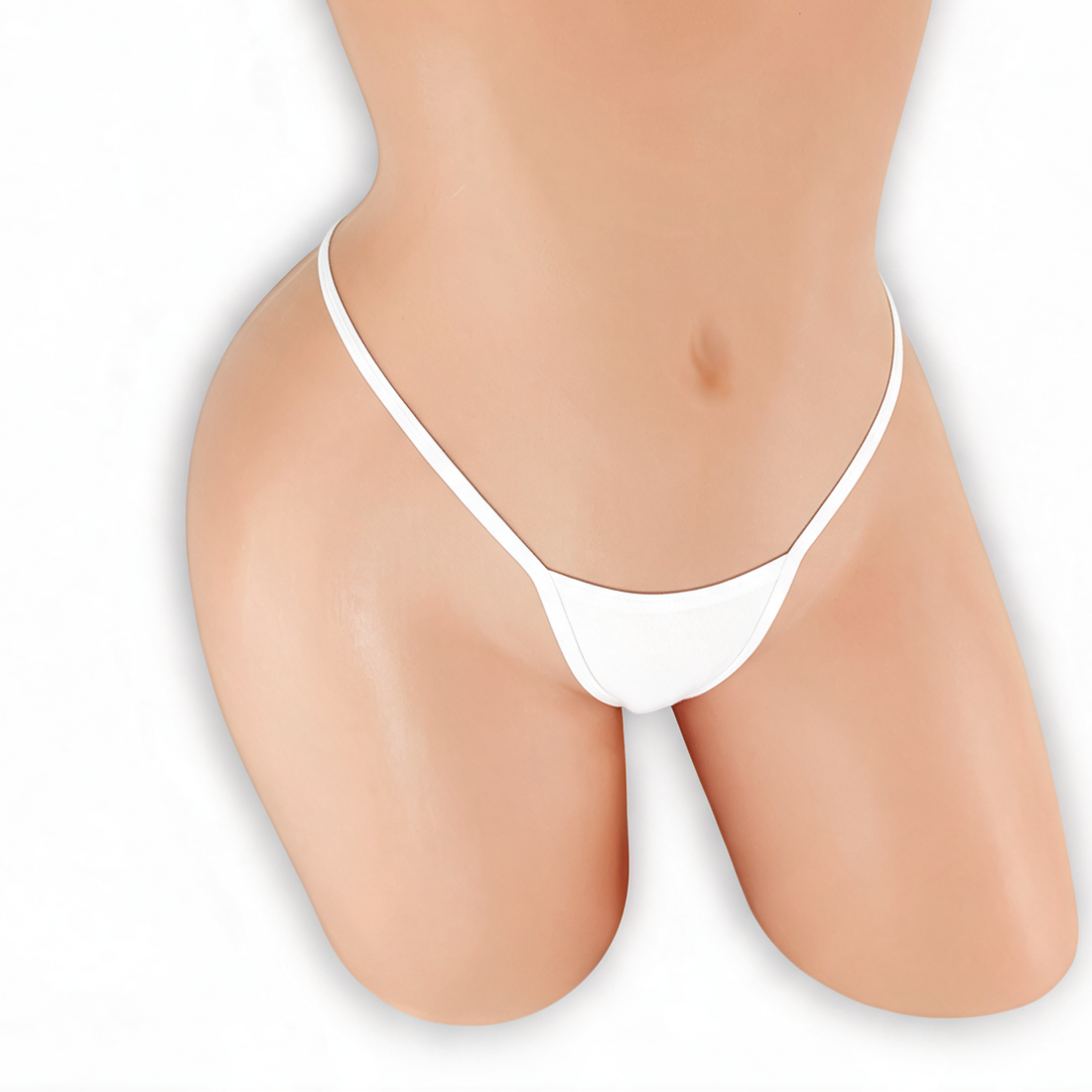 Moonstone white mini v-back thong on mannequin, front view, Golddiggers Boutique