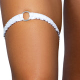 Moonstone white o-ring ruched tip garter worn on the thigh, Golddiggers Boutique
