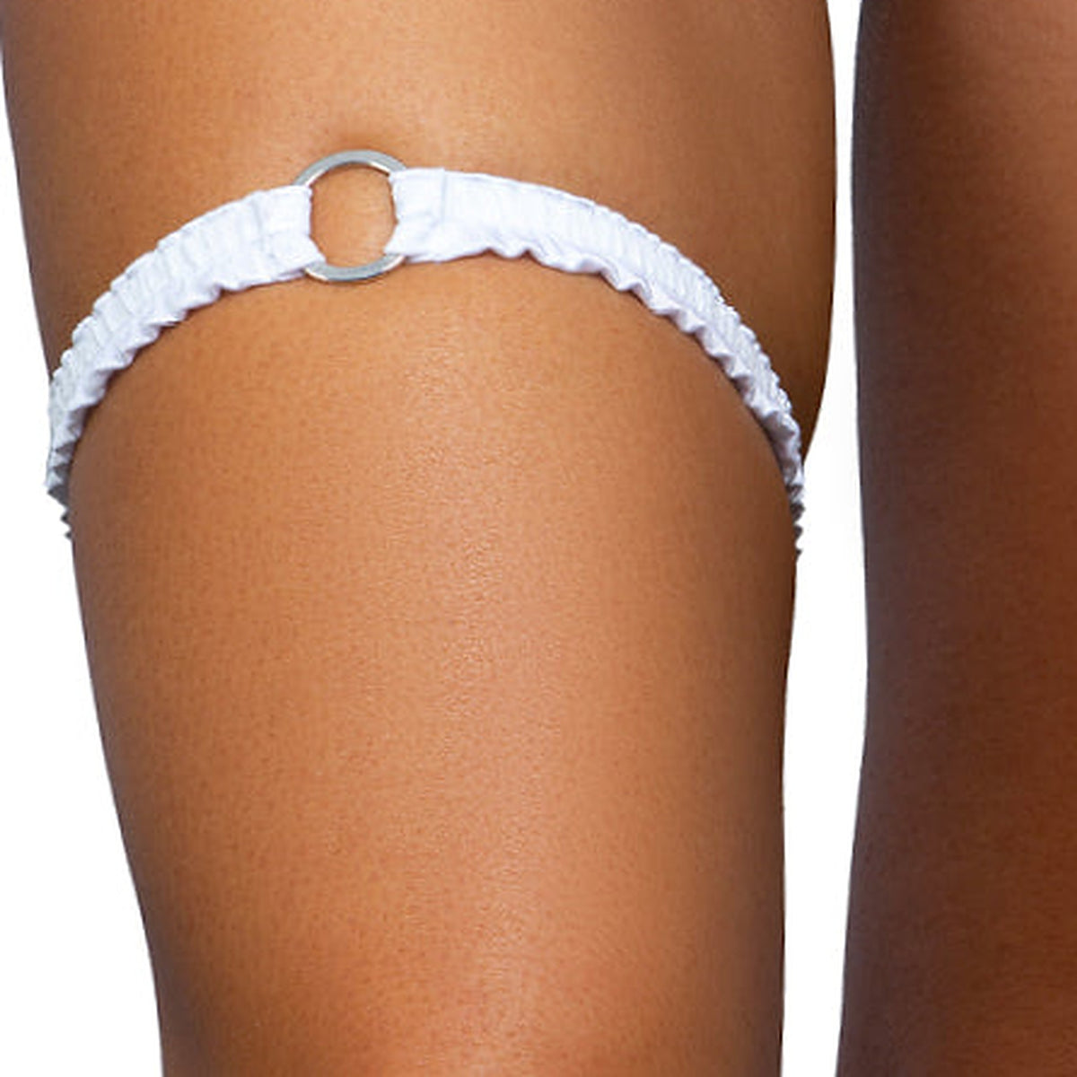 Moonstone white o-ring ruched tip garter worn on the thigh, Golddiggers Boutique