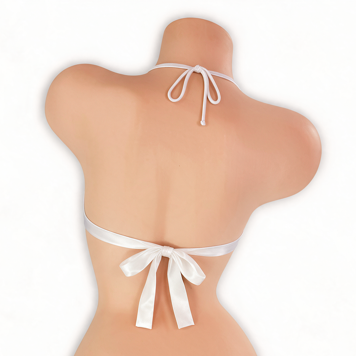 Moonstone white open front o-ring top on mannequin, back view, Golddiggers Boutique