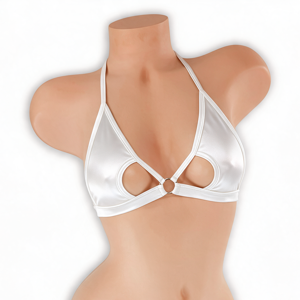 Moonstone white open front o-ring top on mannequin, front view, Golddiggers Boutique