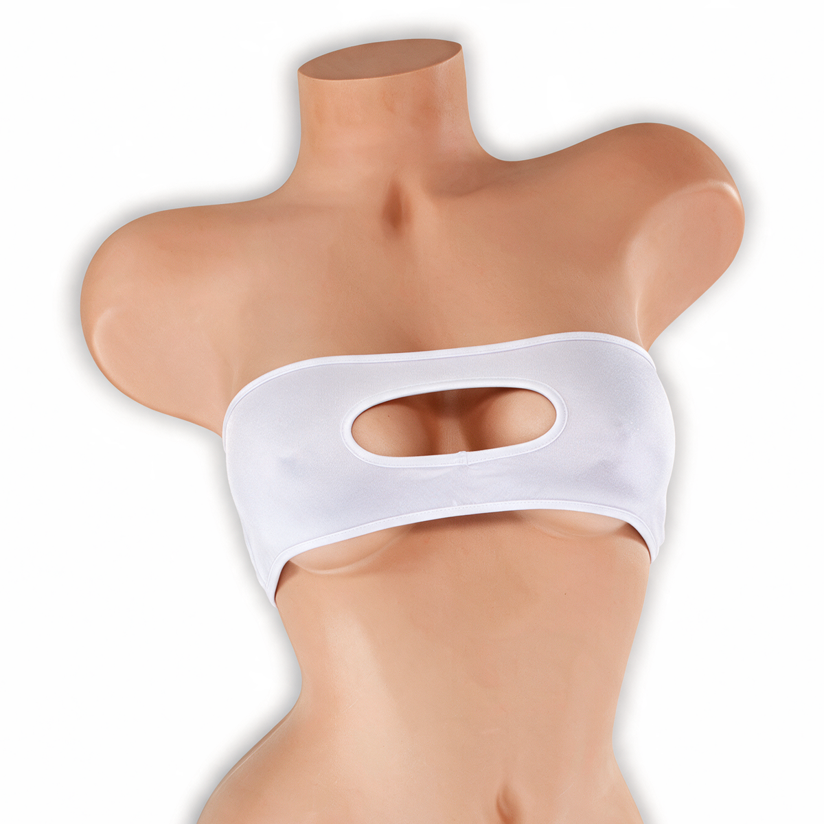 Moonstone white peekaboo bandeau top with keyhole on mannequin, front view, Golddiggers Boutique