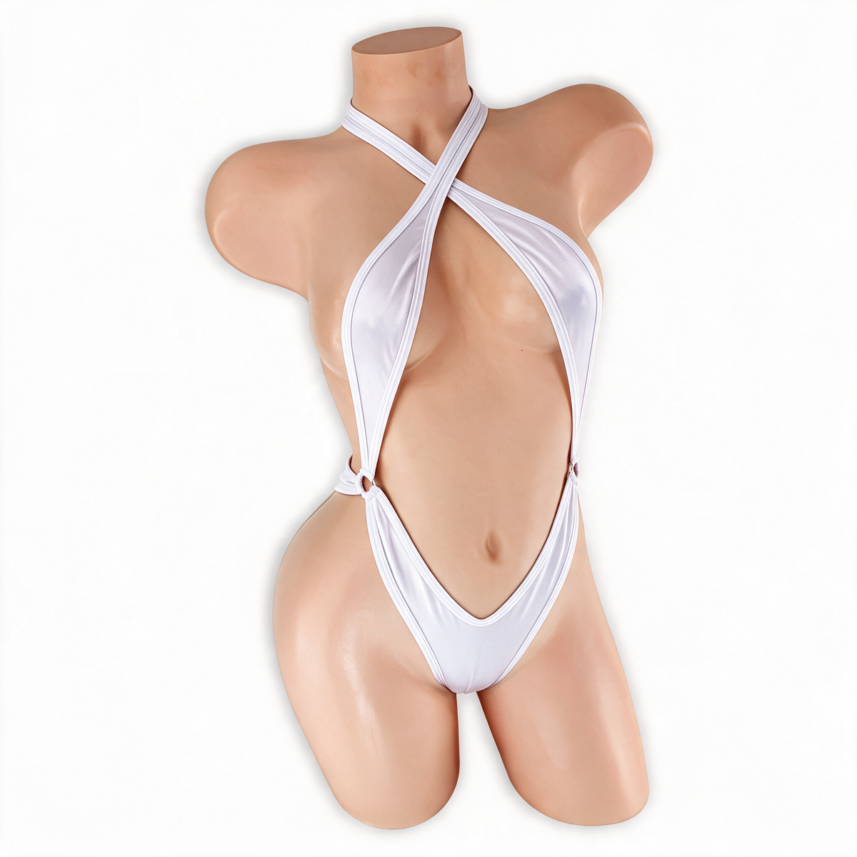 Moonstone white Savannah criss cross halter thong bodysuit, front, Golddiggers Boutique