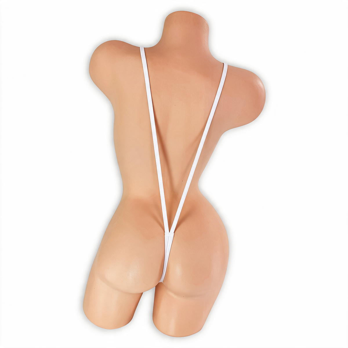 Moonstone white suspender slingshot thong on mannequin, back view, Golddiggers Boutique