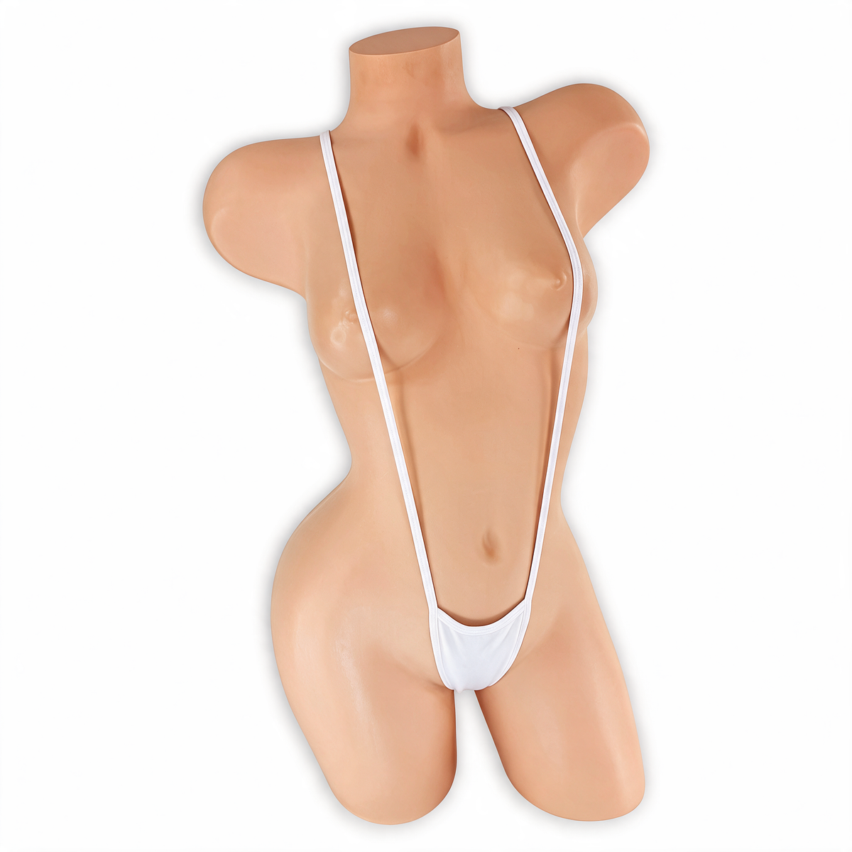 Moonstone white suspender slingshot thong on mannequin, front view, Golddiggers Boutique