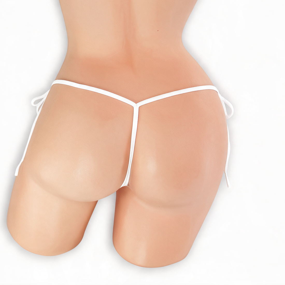 Moonstone white tie side g-string on mannequin, back view, Golddiggers Boutique