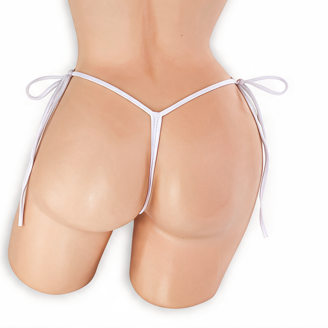 Moonstone white tie side t-back thong on mannequin, back view, Golddiggers Boutique