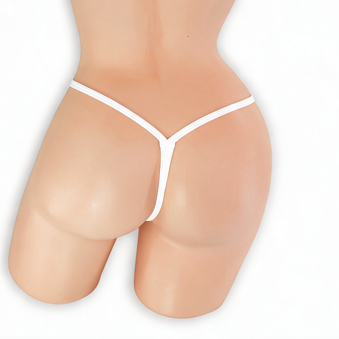 Moonstone white wide strap low rise v-back thong on mannequin, back view, Golddiggers Boutique