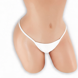 Moonstone white wide strap low rise v-back thong on mannequin, front view, Golddiggers Boutique
