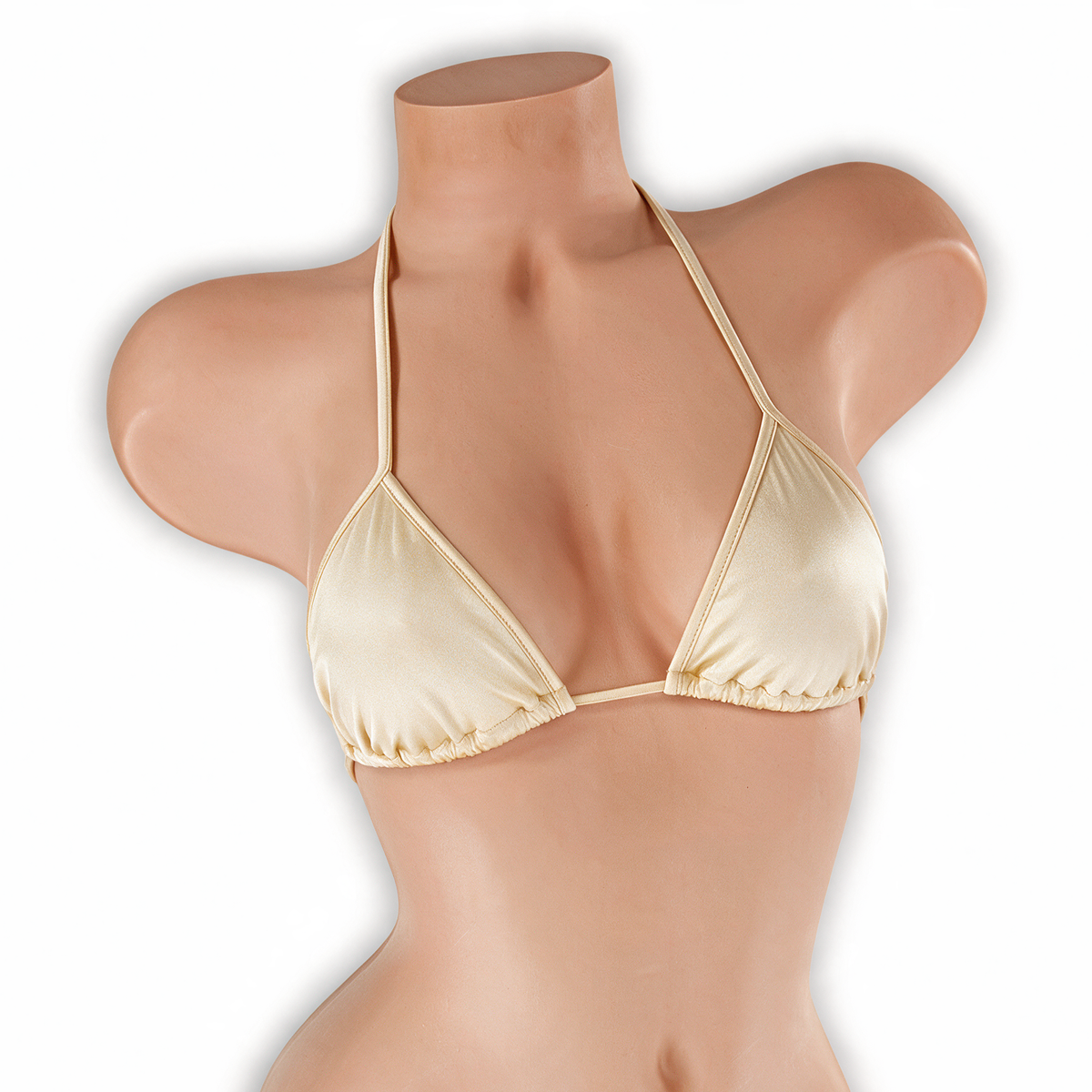 Morganite nude tri top on mannequin, front view, Golddiggers Boutique