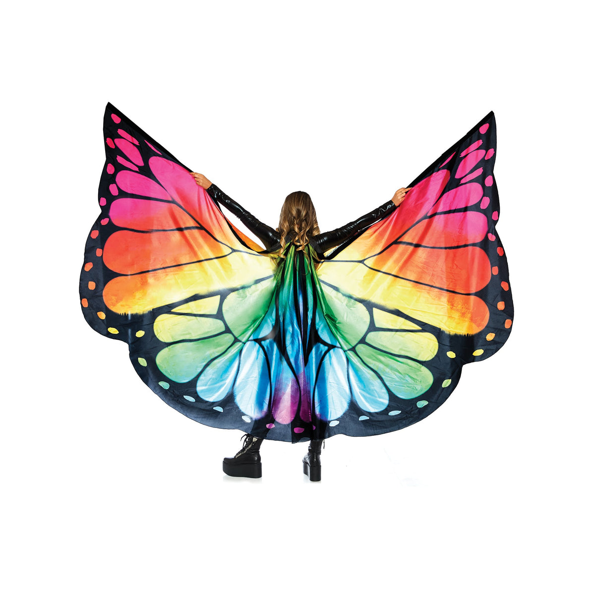 Back view of multicolor butterfly wing halter cape with wrist straps - Golddiggers Boutique