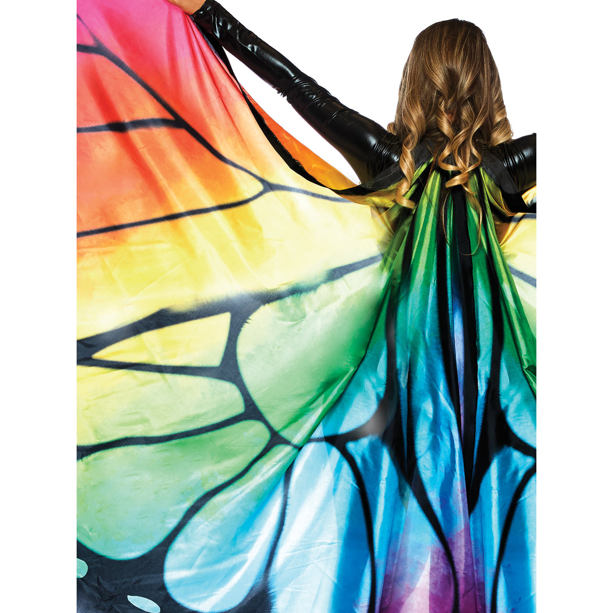 Close-up back view of multicolor butterfly wing halter cape with wrist straps - Golddiggers Boutique