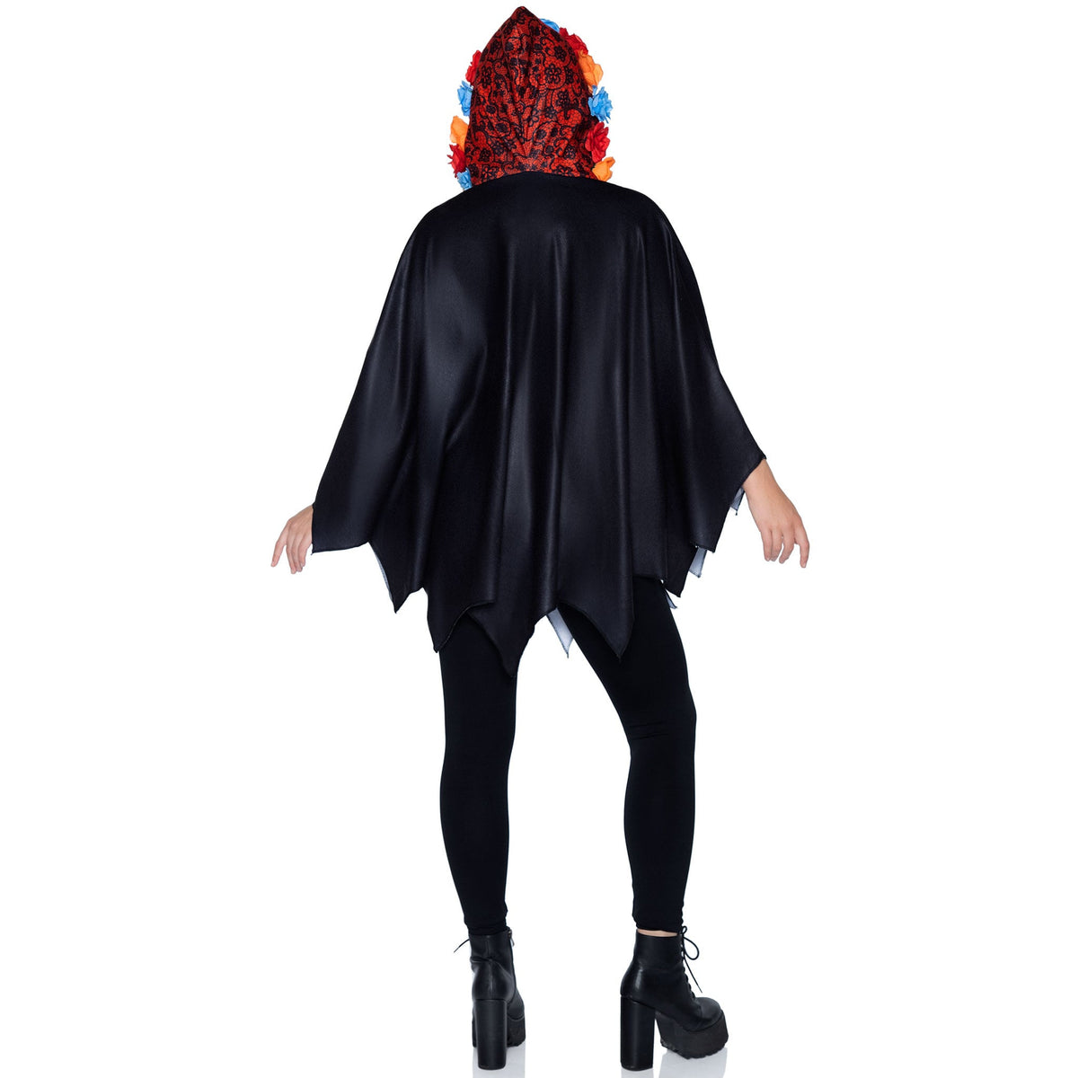 Back view of multicolor day of the dead skeleton poncho costume with floral hood - Golddiggers Boutique