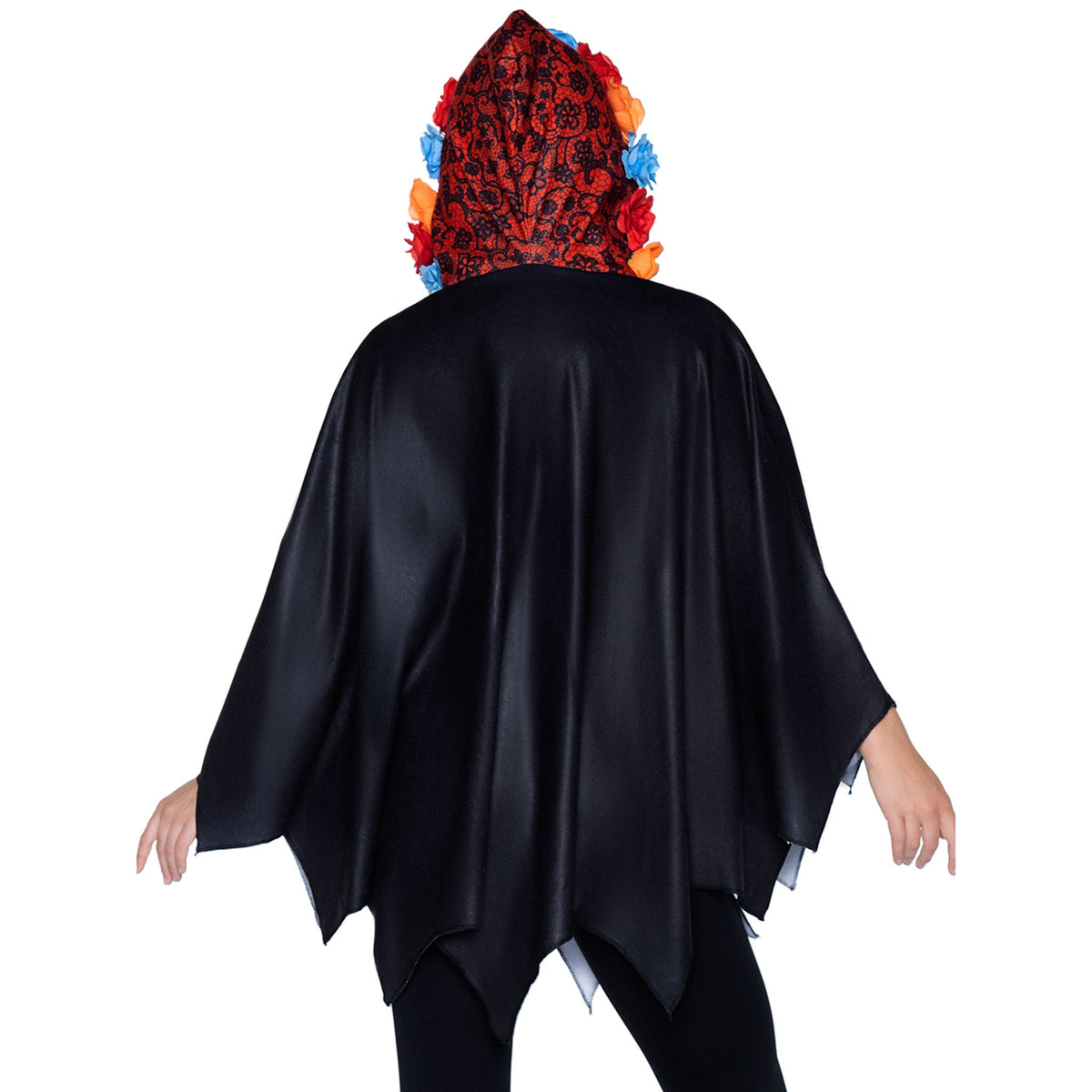 Close-up back view of multicolor day of the dead skeleton poncho costume with floral hood - Golddiggers Boutique