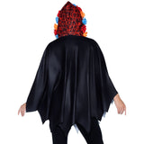 Close-up back view of multicolor day of the dead skeleton poncho costume with floral hood - Golddiggers Boutique