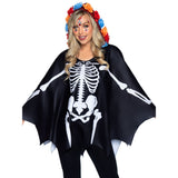 Close-up front view of multicolor day of the dead skeleton poncho costume with floral hood - Golddiggers Boutique