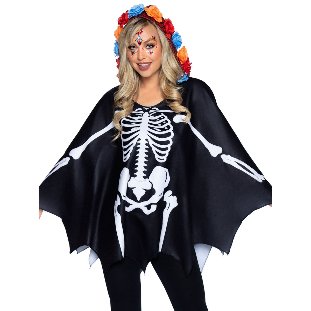 Close-up front view of multicolor day of the dead skeleton poncho costume with floral hood - Golddiggers Boutique