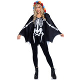 Front view of multicolor day of the dead skeleton poncho costume with floral hood - Golddiggers Boutique