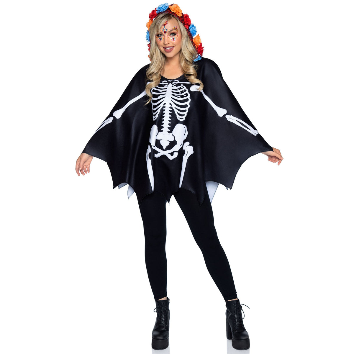 Front view of multicolor day of the dead skeleton poncho costume with floral hood - Golddiggers Boutique