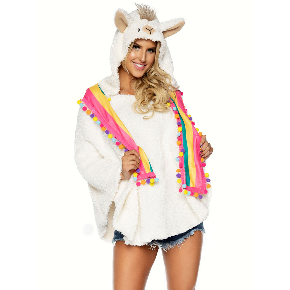 Close-up front view of multicolor llama poncho costume with face hood and pom-pom wrap - Golddiggers Boutique