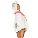 Close-up side view of multicolor llama poncho costume with face hood and pom-pom wrap - Golddiggers Boutique