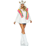 Front view of multicolor llama poncho costume with face hood and pom-pom wrap - Golddiggers Boutique